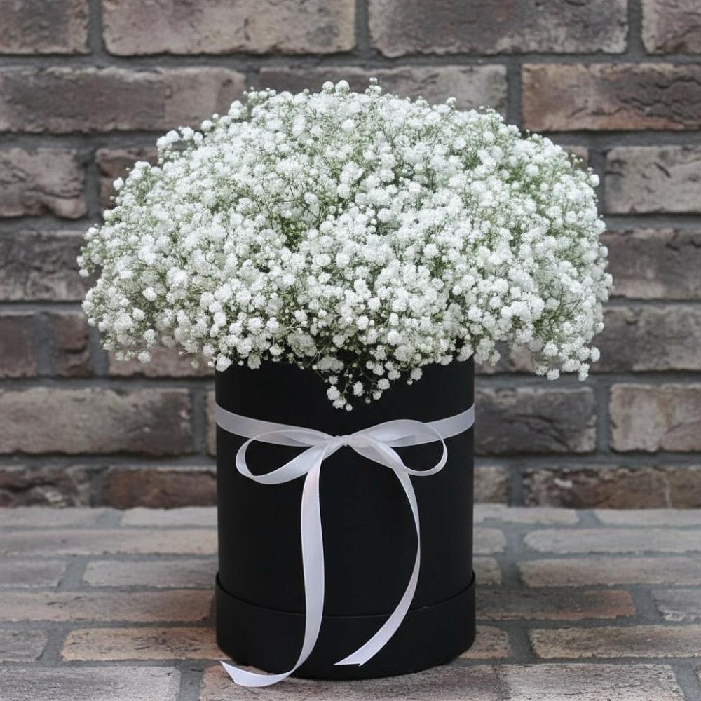 Цветочная композиция из Гипсофила в шляпной коробке в Колывани